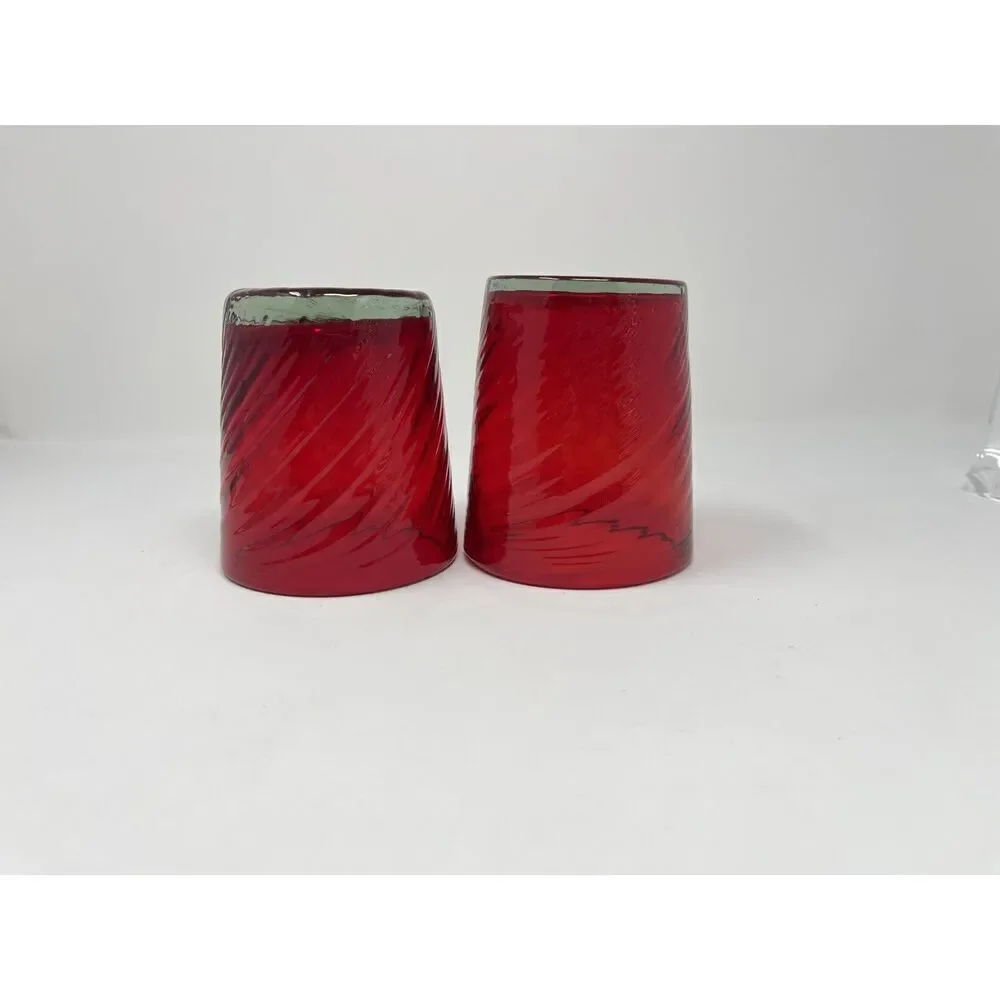 Handblown VALENCIA Garnet Ruby Red Optic Twist Tumbler Glasses 3.75” Set Of 2